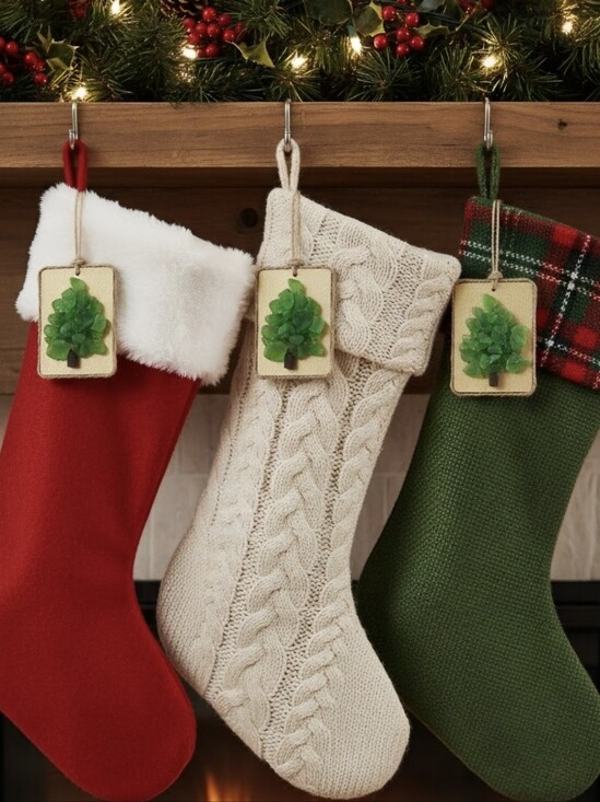 Other - Green Glass Tree on Gold Painted Wood Holiday Hang Tag Set of 3, 3.5"H X 2.5"W